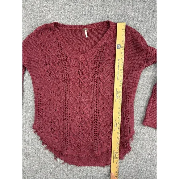 Free People Sweater Womens XS Burgundy V Neck Distressed Knit Pullover Boho - Picture 4 of 7